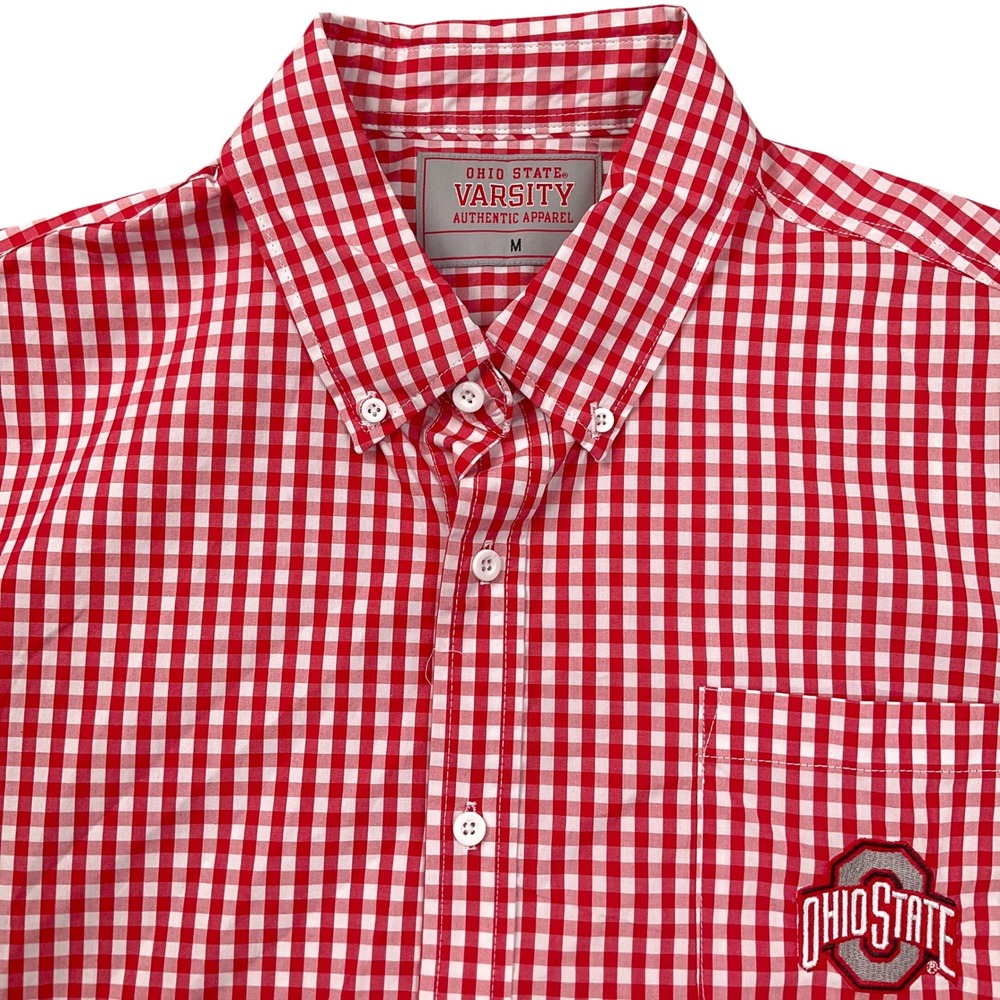 Ohio State Buckeyes Shirt Mens Medium Red‎ White Gingham Logo College Football